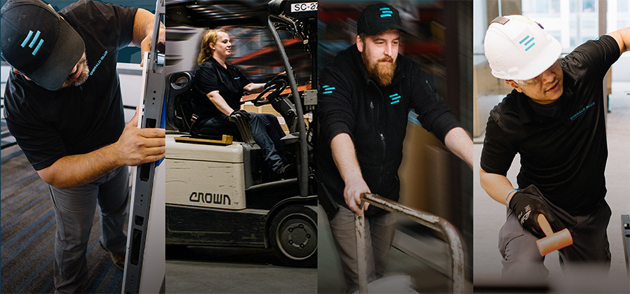 collage of 4 emerald blue workers